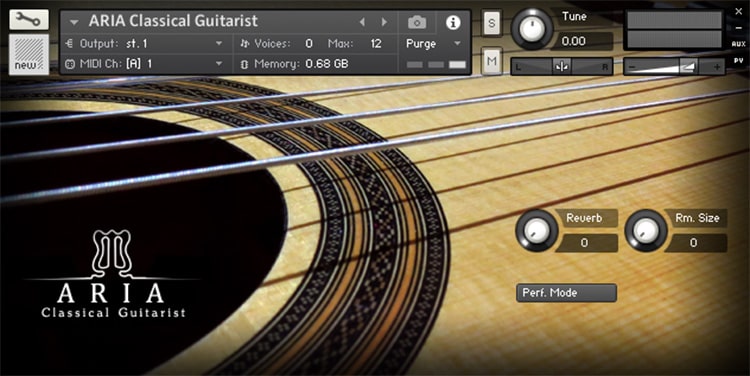 Interface da Library ARIA Sounds - Classical Guitarist (KONTAKT)